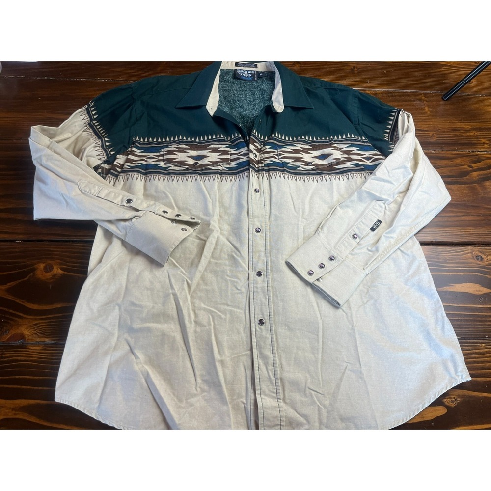 BROOKS & DUNN Shirt, Mens Size XL, Tan Green, Vintage, Button Up,  Western Aztec